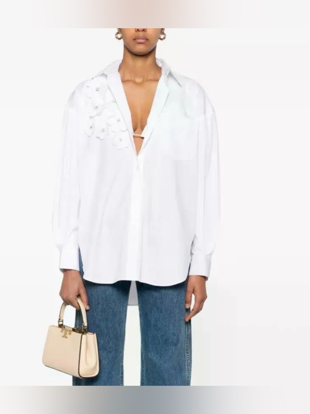 Maje Carmelo White Poplin Oversized Long Shirt with 3D Floral Appliqué